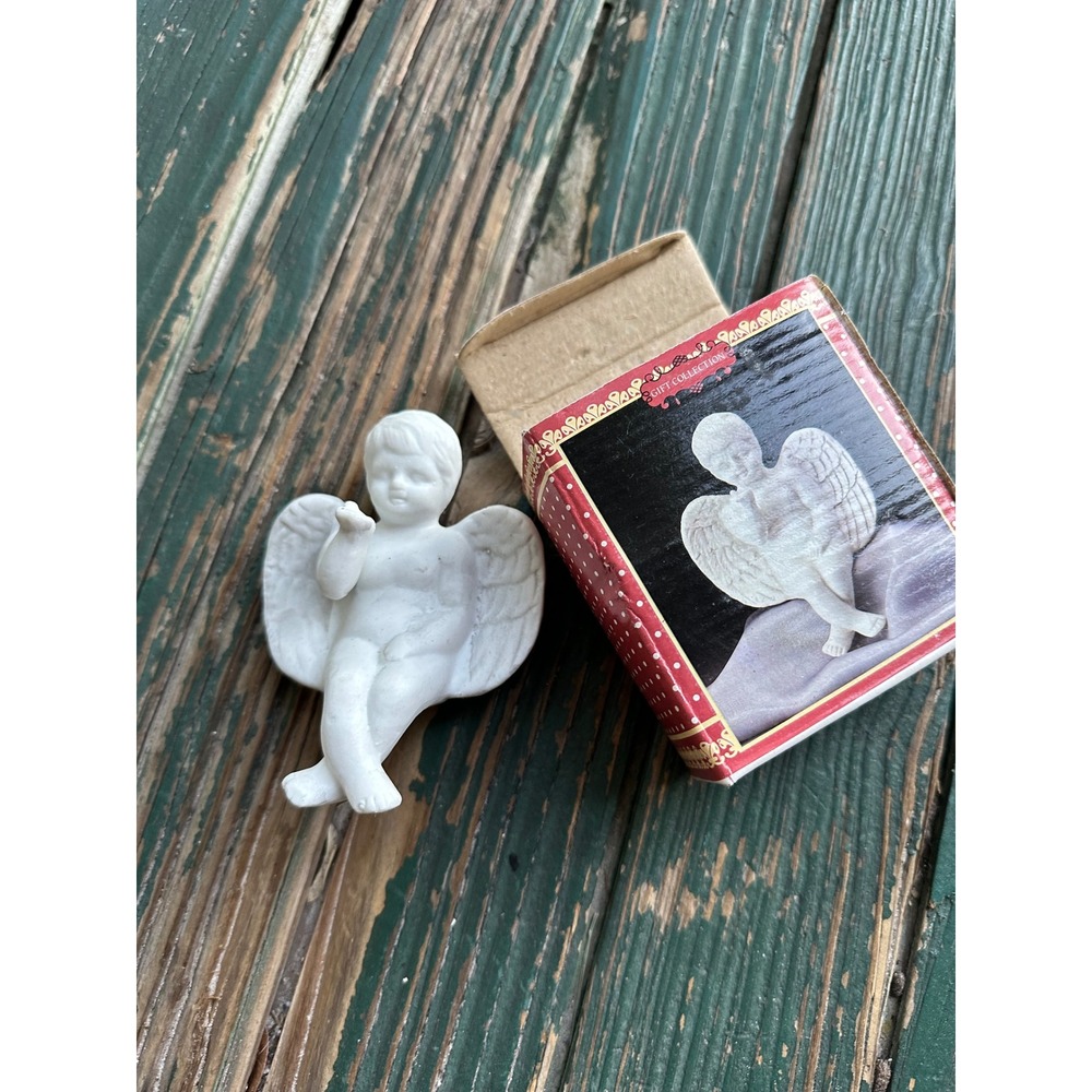 Vintage Porcelain Bisque Seated Cherub Angel Figurine White Matte 3.5 Inch